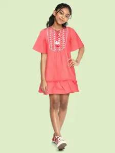 Global Desi Girls Coral Pink Self Design Tie-Up Neck Flared Sleeves Cotton A-Line Dress