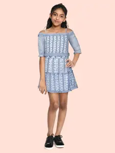 Global Desi Girls Blue & White Printed Top with Skirt