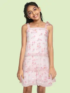 Global Desi Girls Pink Floral Printed A-Line Tiered Dress