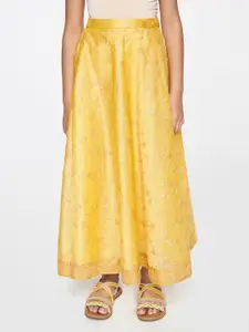 Global Desi Girls Yellow Floral Printed Embellished Flared Maxi Skirt