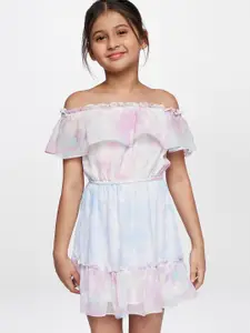 AND Girls White & Blue Tie and Dye Off-Shoulder Dress