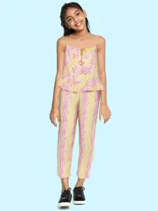 Global Desi Girls Pink & Yellow Floral Printed Top with Trousers