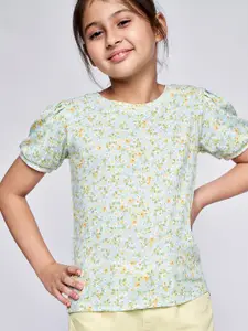 AND Girls Blue & Sage Green Floral Print Round Neck Puff Sleeves Regular Top with Stripes