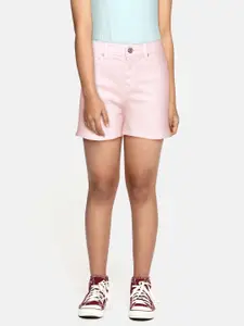 AND Girls Pink Solid Regular Fit Mid-Rise Stretchable Denim Shorts