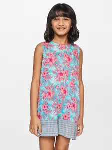 Global Desi Blue & Pink Floral Net A-Line Mini Dress