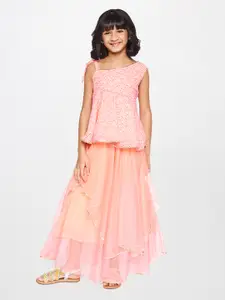 Global Desi Girls Pink & Peach Printed Top with Skirt