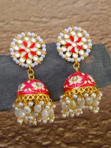 Crunchy Fashion Gold-Plated Red & White Dome Shaped Jhumkas