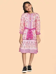 Global Desi Pink & Yellow Floral Printed A-Line Maxi Dress With Tie-Up Neck