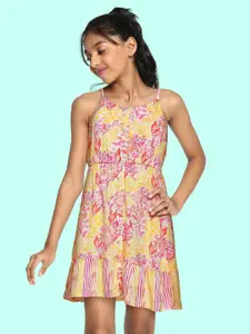 Global Desi Girls Pink & Yellow Floral Printed Fit & Flare Dress