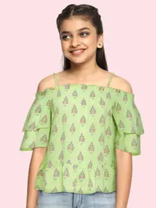 Global Desi Girls Lime Green Floral Printed Top