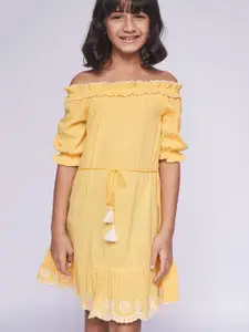 Global Desi Girls Yellow Striped Boat Neck Puff Sleeves Embroidered Cotton A-Line Dress
