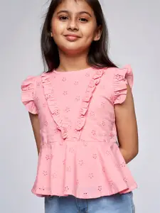 AND Girls Pink Schiffli Pure Cotton Top With Ruffles