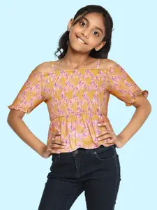 Global Desi Girls Mustard Yellow & Pink Floral Printed Pure Cotton Smocked Fitted Top