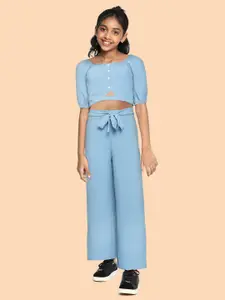 AND Girls Light Blue Solid Off-Shoulder Smocking Seersucker Bardot Top with Palazzos