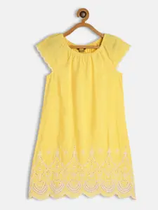 Global Desi Girls Yellow Floral Embroidered A-Line Dress