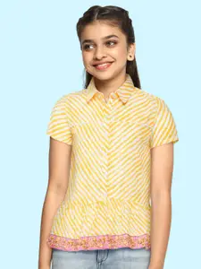 Global Desi Girls White & Yellow Striped Pure Cotton Shirt Style Top