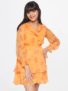 Global Desi Yellow & Orange Floral Layered Net Wrap Dress
