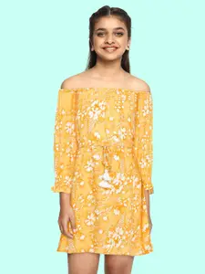 Global Desi Girls Yellow & White Floral Printed  A-Line Dress