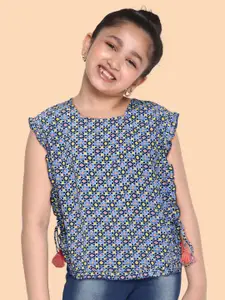 Global Desi Girls Blue Ethnic Motifs Print Square Neck Cap Sleeves Boxy Top with Tie-Ups
