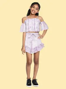 AND Girls Purple & White Floral Print Cold-Shoulder Sleeves Smocking Top with Skirt