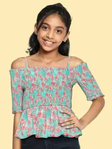 Global Desi Girls Sea Green & Coral Red Floral Printed Pure Cotton Smocked Fitted Top