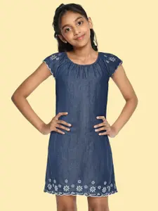 Global Desi Girls Blue Floral Embroidered A-Line Dress