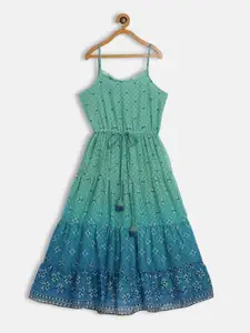 Global Desi Turquoise Blue Ombre Printed Tiered Dress