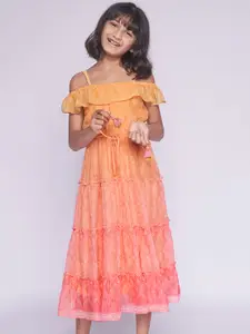 Global Desi Orange & Peach-Coloured Floral Printed Gown Dress With Ombre Effect
