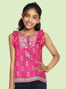 Global Desi Girls Pink & Blue Floral Printed Ruffled Top With Tie-Up Neck
