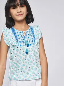 Global Desi Girls Aqua Blue & White Ethnic Motifs Print Tie-Up Neck Cap Sleeves Boxy Top