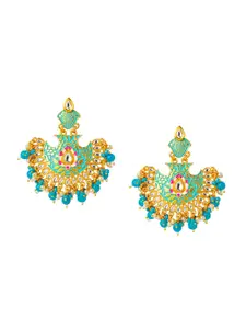 Shining Jewel - By Shivansh Gold-Plated Sea Green & Blue Crescent Shaped Chandbalis