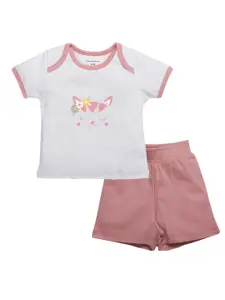 My Milestones Girls White & Peach-Coloured Printed Pure Cotton Top with Shorts