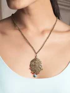 Rubans Voguish 18K Gold Plated Antique Gold Toned Orange & Sky Blue Beaded Pendant Necklace