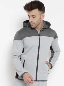 CHKOKKO Men Grey Charcoal Colourblocked Fleece Lightweight Outdoor Sporty Jacket