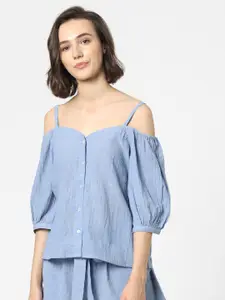 ONLY Blue Cold-Shoulder Sleeves Pure Cotton Shirt-Style Top