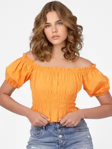 ONLY Orange Off-Shoulder Ruffles Smocked Bardot Crop Top