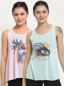 MACK JONNEY Green & Pink Set of 2 Printed Tank Top