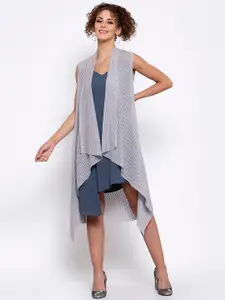 LELA Women Grey Self Design Open Front Longline Shrug