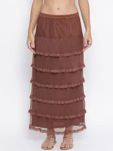 LELA Women Rust Brown Solid Lace Straight Maxi Skirt