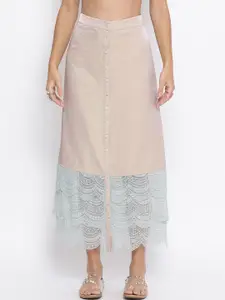 LELA Beige Solid Scallop Lace Hem Straight Skirt