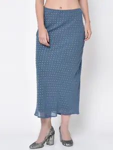 LELA Women Blue Self Design Midi Straight Skirt