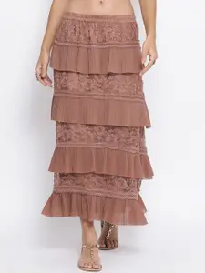 LELA Women Brown Tiered Lace Inserts Maxi Skirt
