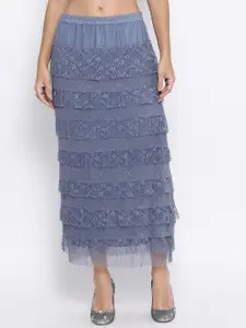 LELA Women Blue Lace Frill Net Straight Skirt