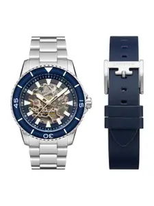 EARNSHAW Men Blue Skeleton Dial & Silver Toned Straps Analogue Automatic Watch ES-8227-33
