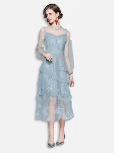 JC Collection Blue Floral Embroidered A-Line Midi Dress