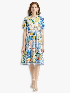 JC Collection Blue & White Floral Printed Fit & Flare Dress