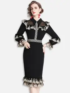 JC Collection Black Floral Embroidered Shirt Midi Dress