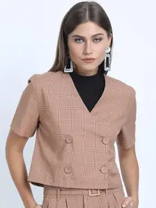 Tokyo Talkies Women Pink Checked Crop Double-Breasted Blazer