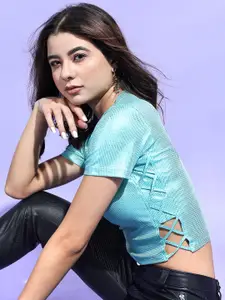 Tokyo Talkies Women Blue Solid Short Sleeves Top