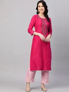 FASHOR Women Magenta Yoke Design Chanderi Silk Kurta